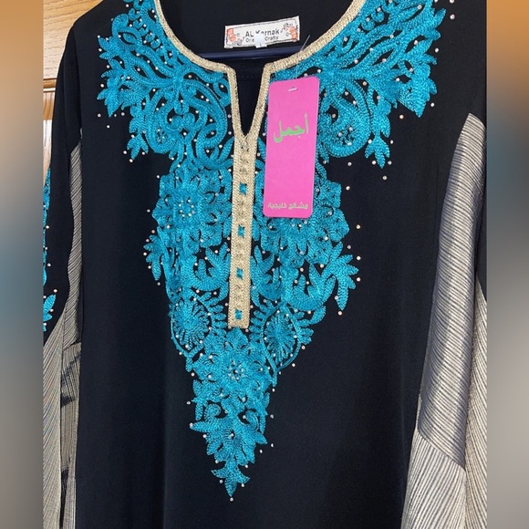 Middle Eastern Dress Abaya Kaftan Plus Size 2X-3X Black Blue Embroidery Beaded - Picture 5 of 7